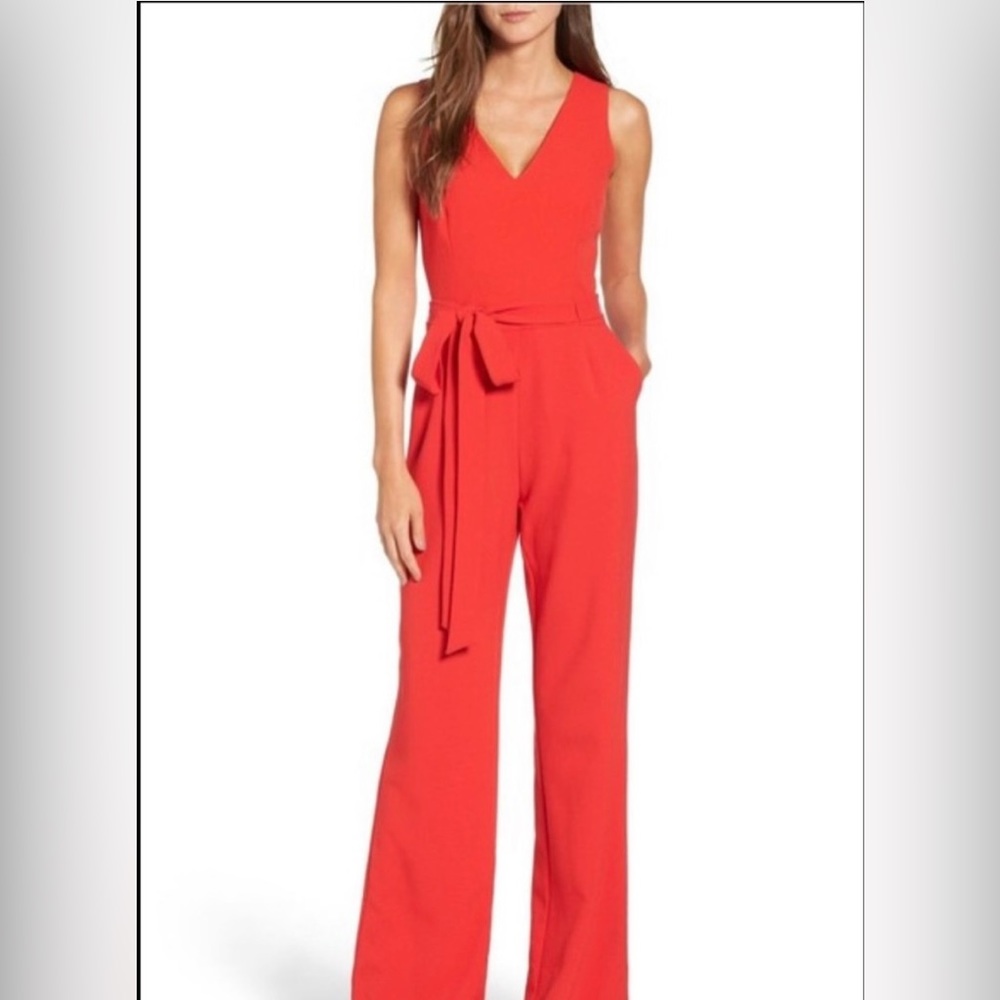 Red Sleeveless V-Neck Jumpsuit with Waist Tie